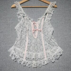 Nan Flower Lace Camisole Women Large Vintage Sheer Coquette USA White Pink Bow